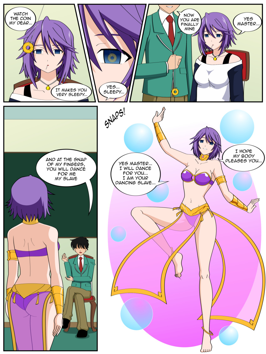 barefoot big_breasts breasts coin comic dancer dancing dazed dialogue empty_eyes expressionless feet femsub hair happy_trance harem_outfit jimryu jimryu_(artist) maledom mizore_shirayuki pendulum purple_hair rosario_to_vampire see-through short_hair text tsukune_aono