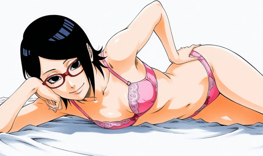 ai_generated athletic_female bare_thighs black_eyes black_hair boruto:_naruto_next_generations glasses grin huge_thighs light-skinned_female light_skin lingerie looking_at_viewer naruto_(series) sarada_uchiha short_hair small_breasts solo_female squatting sweat sweatdrop thick_body thick_female thick_thighs thighs vkr voluptuous voluptuous_female