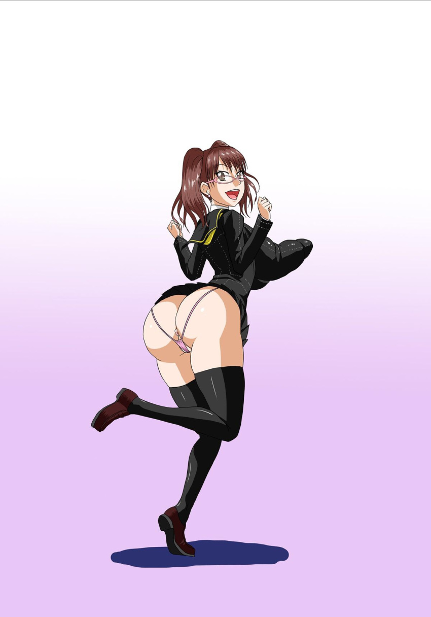 ahemaru anus ass big_ass breasts henriiku_(ahemaru) huge_breasts kujikawa_rise long_breasts panties persona persona_4 pose presenting_hindquarters school_uniform smile thong