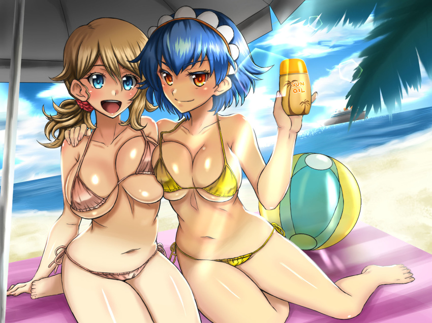 2girls alluring beach beach_ball big_breasts bikini blue_eyes blue_hair blush breasts brown_hair cute hair looking_at_viewer miette millefeui_(pokemon) multiple_girls ocean orange_eyes pokemon pokemon_xy serena serena_(pokemon) short_hair smile takecha umbrella