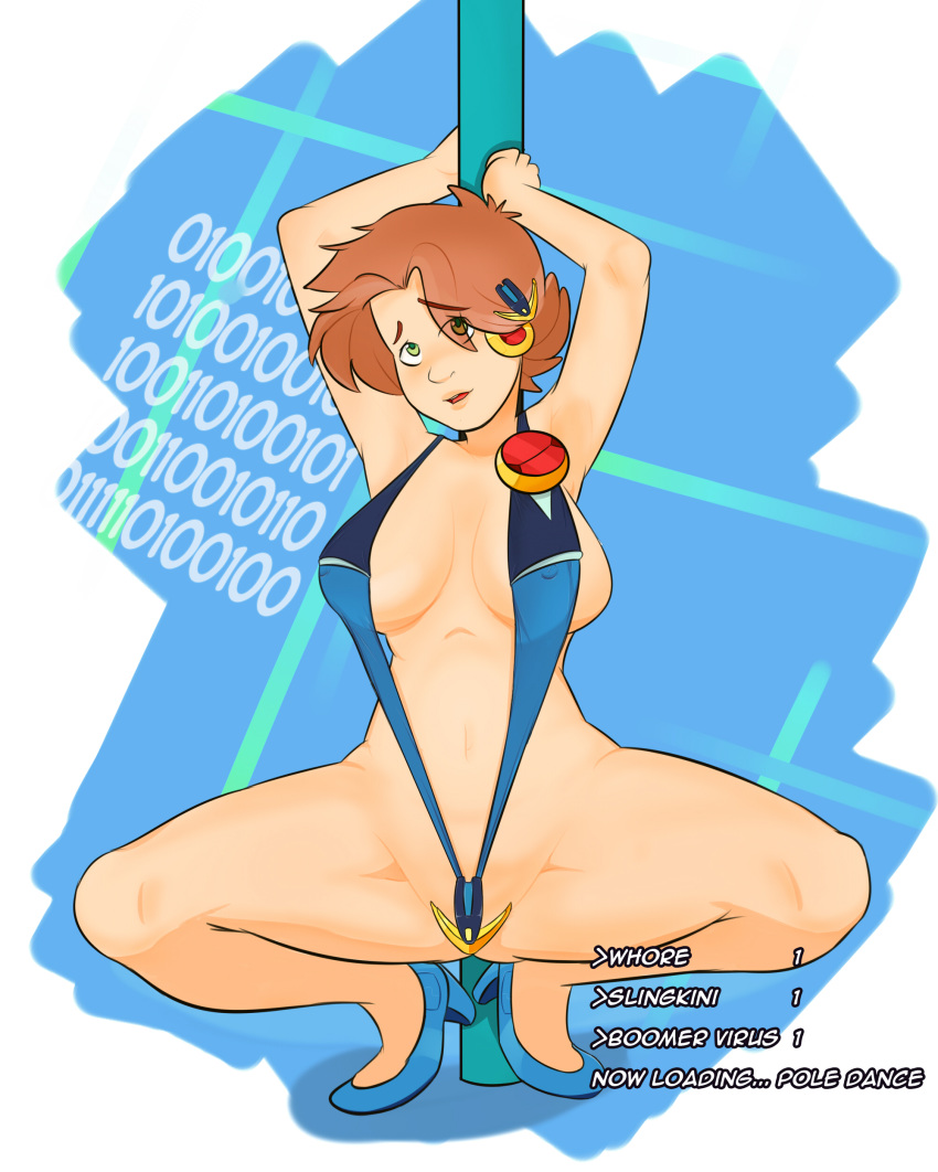 big_breasts breasts genderswap mega_man mega_man_battle_network mega_man_nt_warrior megaman megaman.exe rockman rockman_exe rockman_exe_(character) sling_bikini stripper stripper_pole swimsuit theschatte theschatte_(artist)