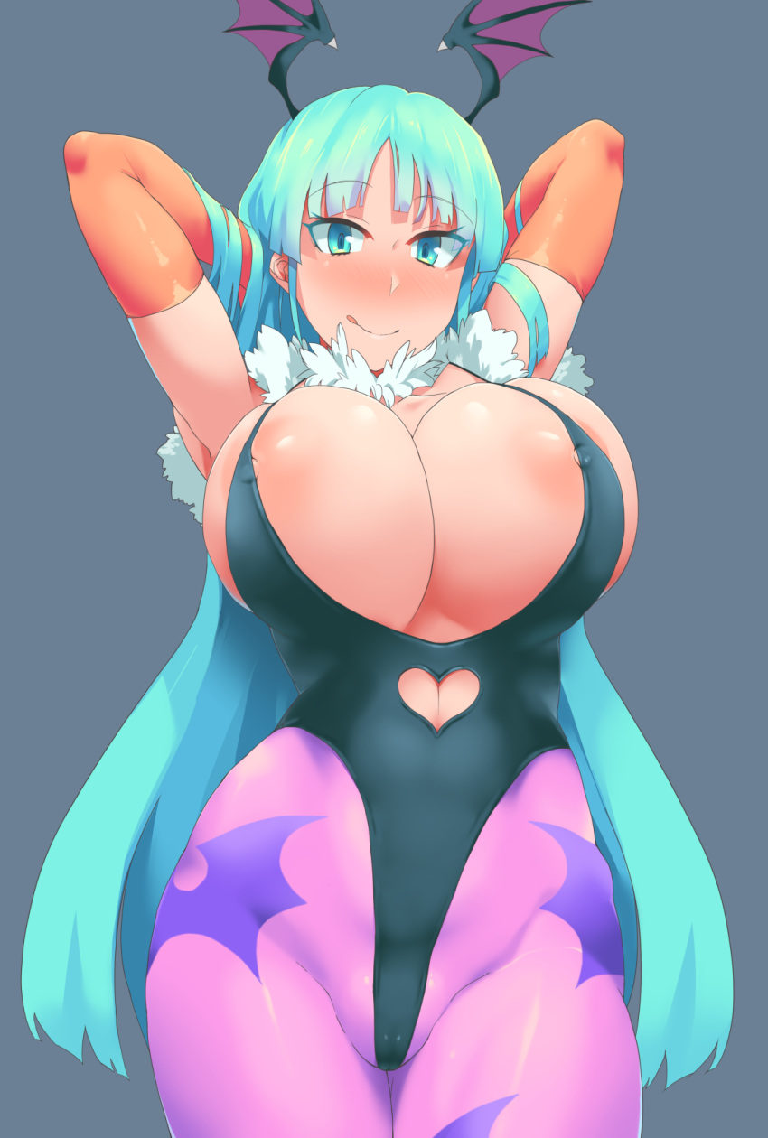 1girl big_breasts blue_eyes blue_hair blush breasts capcom cute darkstalkers hair long_hair looking_at_viewer morrigan_aensland nipples smile