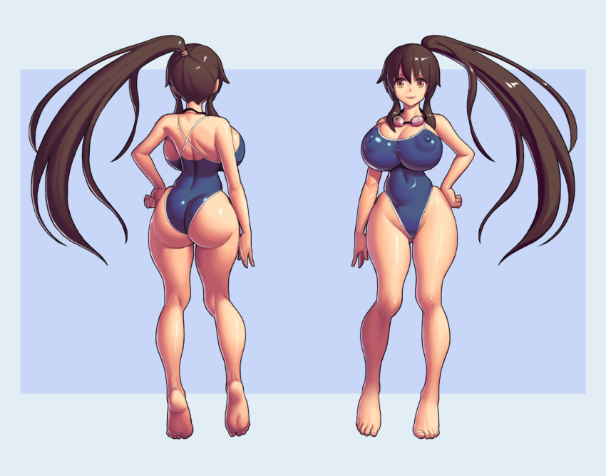 ass big_ass big_breasts breasts brown_eyes brown_hair genderswap goggles kruth666 kyon one-piece_swimsuit smile suzumiya_haruhi_no_yuuutsu swimsuit