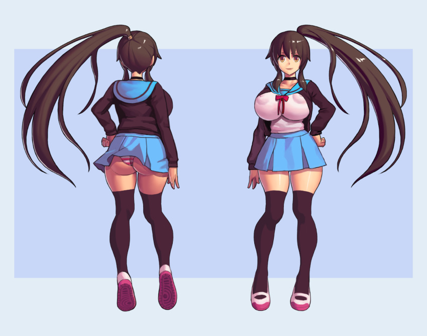 ass big_ass big_breasts breasts brown_eyes brown_hair genderswap kruth666 kyon panties school_uniform smile suzumiya_haruhi_no_yuuutsu