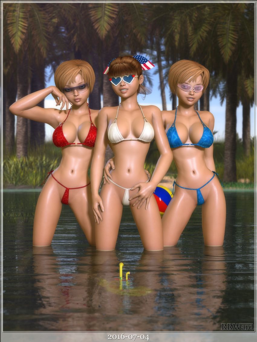 2016 3d 3girls 4th_of_july american_flag american_flag_print bikini blue_bikini bow breasts brown_hair cleavage hair lake multiple_girls ponytail poser red_bikini shades shiny shiny_skin smile sun_glasses sunglasses thong water white_bikini