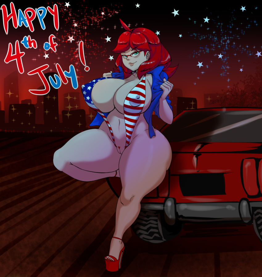 4th_of_july american_flag_bikini big_breasts bikini bottomless breasts car city cleavage fireworks glasses green_eyes high_heel long_hair print_bikini pussy red_hair sling_bikini thecon wide_hips