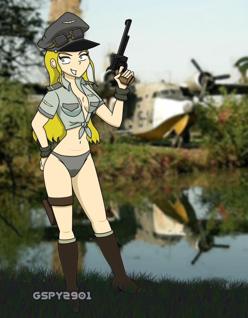 airplane amanda_braniff boots dirt gspy2901 gun knife legs nazi no_pants panties photo_background pilot_glasses pilot_hat pilot_suit revolver teen tied_shirt uniform