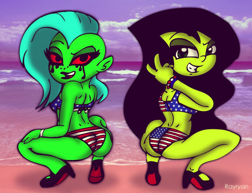 2girls 4th_of_july american_flag_bikini aqua_hair ass bikini black_hair bracelet crossover disney green_eyes green_skin hair high_heel kim_possible long_hair looking_back lord_dominator multiple_girls pointy_ears print_bikini red_eyes shego smile wander_over_yonder