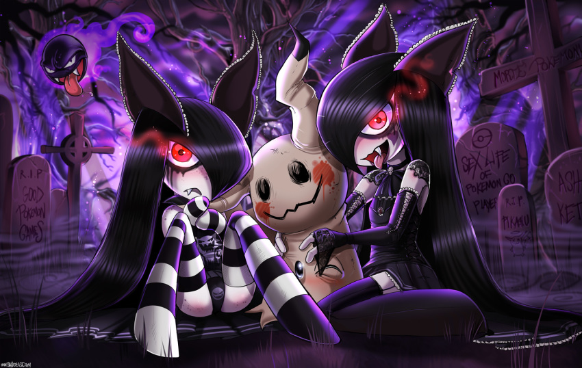 1girl 2girls black_hair elbow_gloves fangs fingerless_gloves gastly gloves glowing_eyes hair kirlia legs long_hair mimikkyu multiple_girls open_mouth panties pokemon pokemon_sm red_eyes shadman stockings teeth thighs tongue tongue_out very_long_hair