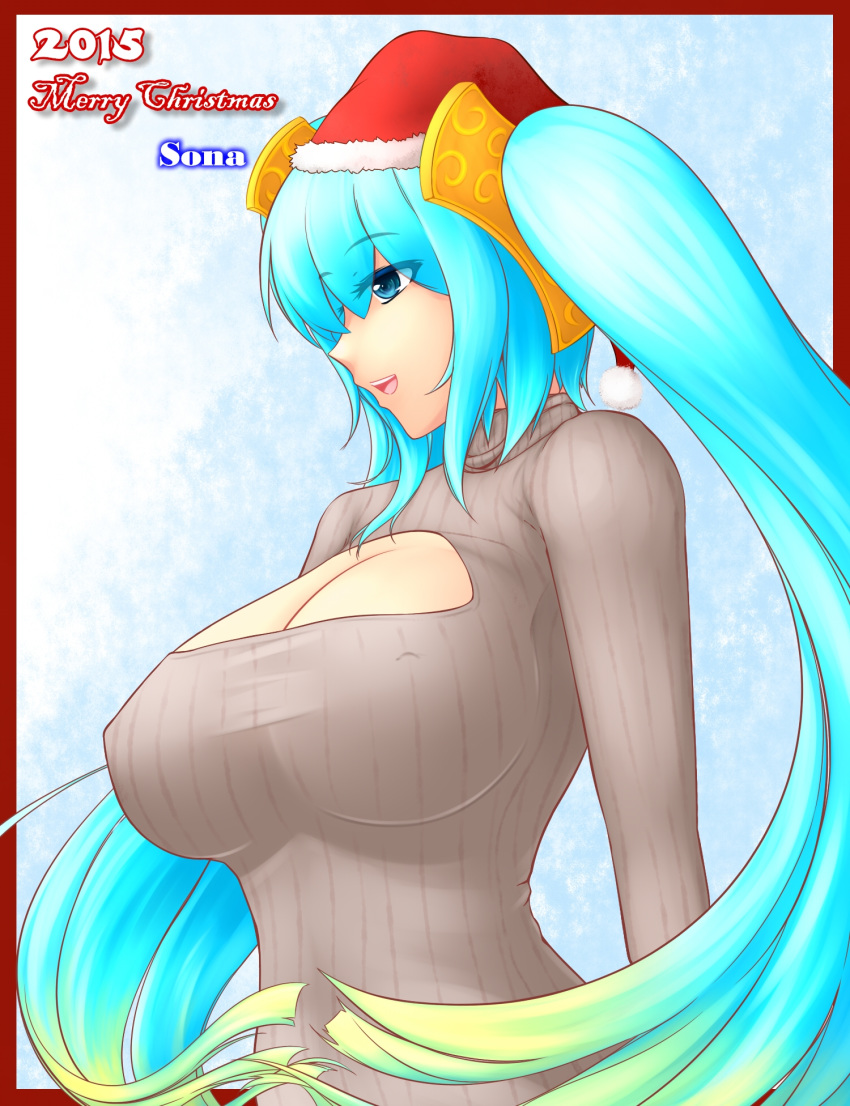 big_breasts breasts christmas cleavage keyhole_sweater league_of_legends ryu_seung ryu_seung_(artist) santa_hat sona sweater tsuki_riven tsuki_riven_(artist)