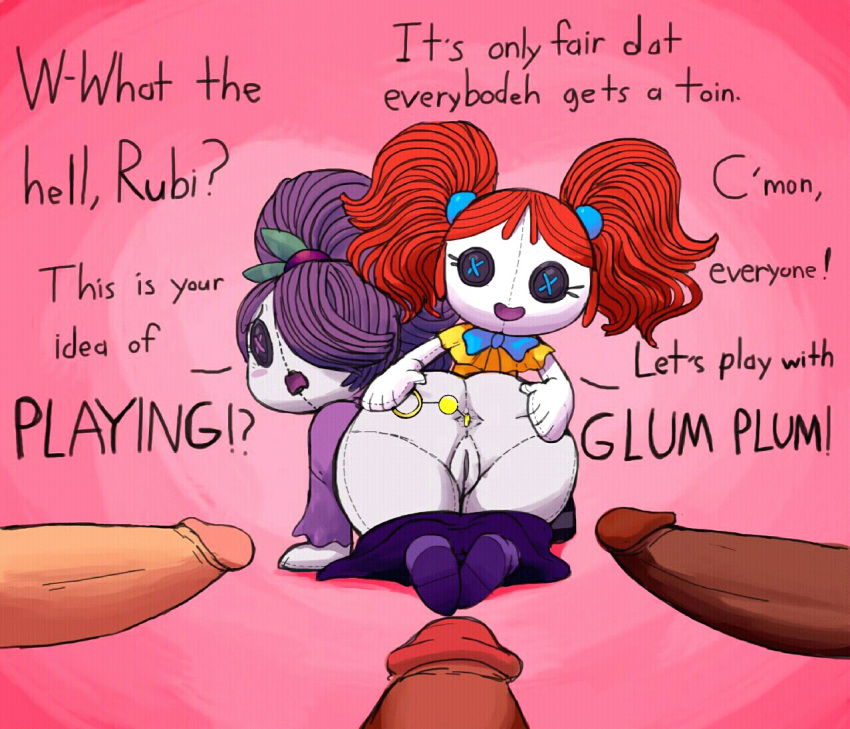 2_girls anal_beads anal_beads_pull anus beady_eyes big_ass dark_penis doll glum_plum penises pink_background purple_eyes pussy red_hair rubilocks yuri