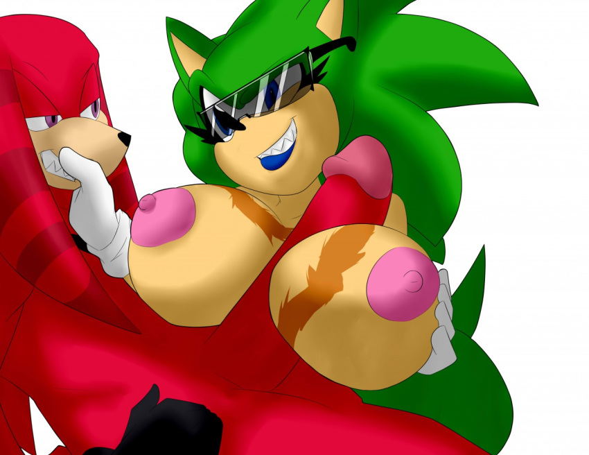 1girl anthro areola big_breasts breasts crossgender duo echidna erect_nipples erection furry hedgehog huge_breasts johnnythehusky knuckles_the_echidna male mammal monotreme nipples nude paizuri penis scar scourge_the_hedgehog sega sex testicles