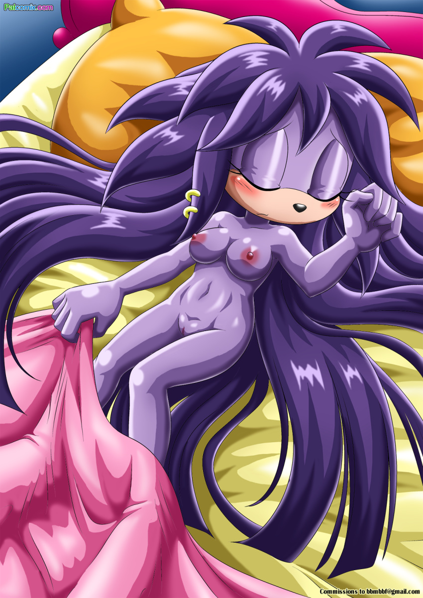 1girl archie_comics bbmbbf bed blush breasts closed_eyes cute furry gala-na long_hair mobius_unleashed nipples palcomix pillow purple_hair pussy sega sonic_(series) sonic_the_hedgehog_(series)