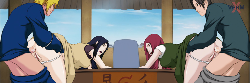 2_girls 2boys anal anal_penetration anal_sex black_hair blonde_hair couples fugaku_uchiha kushina_uzumaki mikoto_uchiha minato_namikaze naruto naruto_(series) naruto_shippuden penis penis_in_ass pussy red_hair sex white_panties