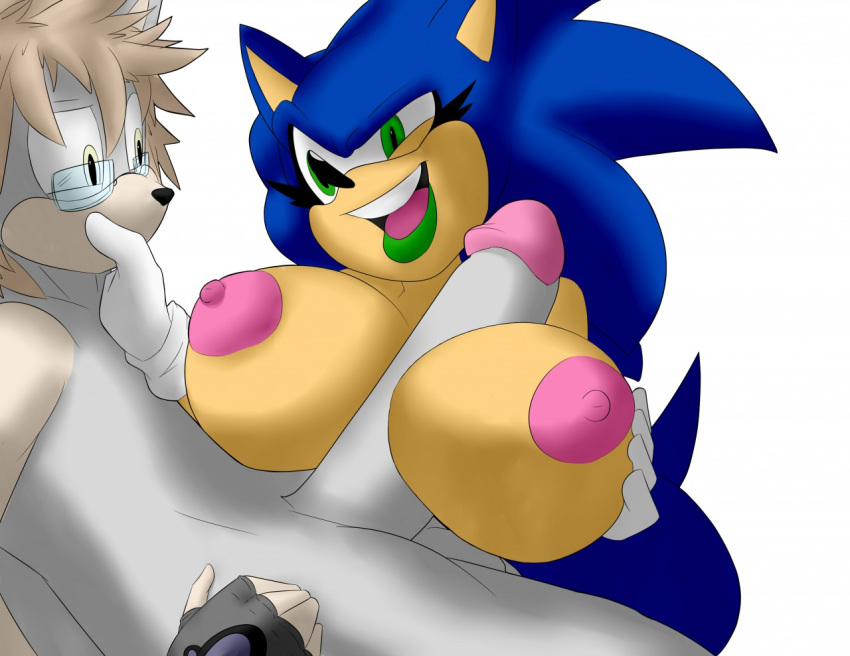 1girl anthro areola big_breasts breasts crossgender duo erect_nipples erection furry hedgehog huge_breasts johnnythehusky male mammal mobian_(species) nipples nude paizuri penis sega sex sonic_the_hedgehog testicles