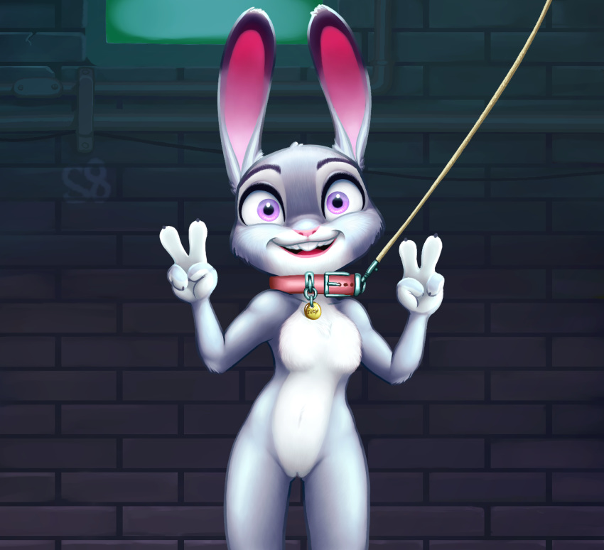 1girl alec8ter anthro buckteeth collar collar_tag disney double_v flat_chested front_view furry huebree judy_hopps lagomorph leash looking_at_viewer mammal nude open_mouth pussy rabbit smile teeth text v zootopia