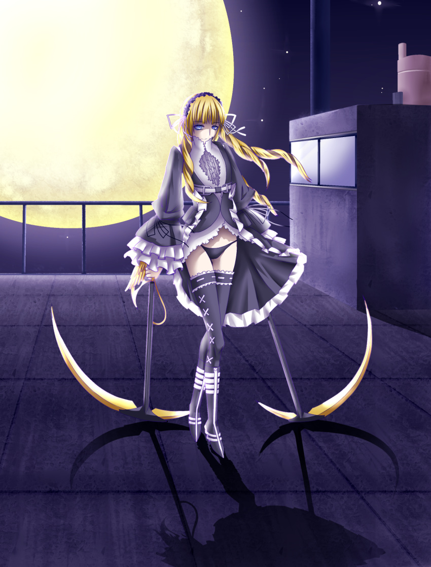 blonde_hair blue_eyes gothic_lolita grasshopper_manufacture gun highres lolita_fashion margaret_moonlight no_more_heroes rifle scythe sniper thighhighs weapon