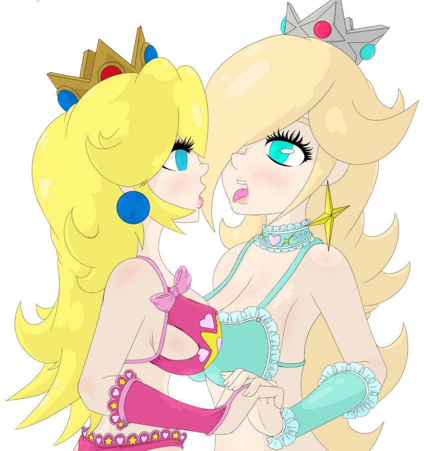 big_breasts breasts cleavage indonesianbob67 indonesianbob67_(artist) kissing lingerie princess_peach princess_rosalina saliva saliva_trail super_mario_bros. super_mario_galaxy tongue yuri