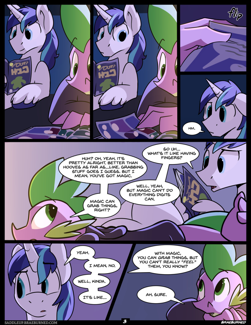 2boys braeburned clothed clothing comic dialogue digital_media_(artwork) dragon duo english_text equine friendship_is_magic high_res horn lying male mammal my_little_pony reading scalie shining_armor spike text unicorn