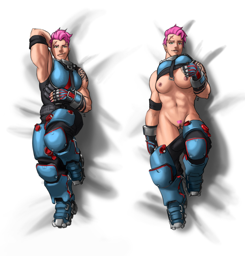 1girl dakimakura female_only jp15comm overwatch pink_hair scar tattoo zarya zarya_(overwatch)