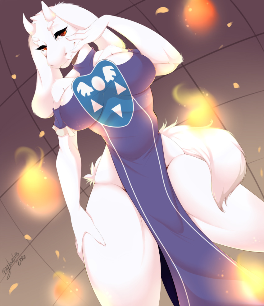 1girl 2016 5_fingers anthro big_breasts big_ears breasts fingers fire fluffy_tail fur furry looking_at_viewer myloveless standing undertale video_games white_fur wide_hips