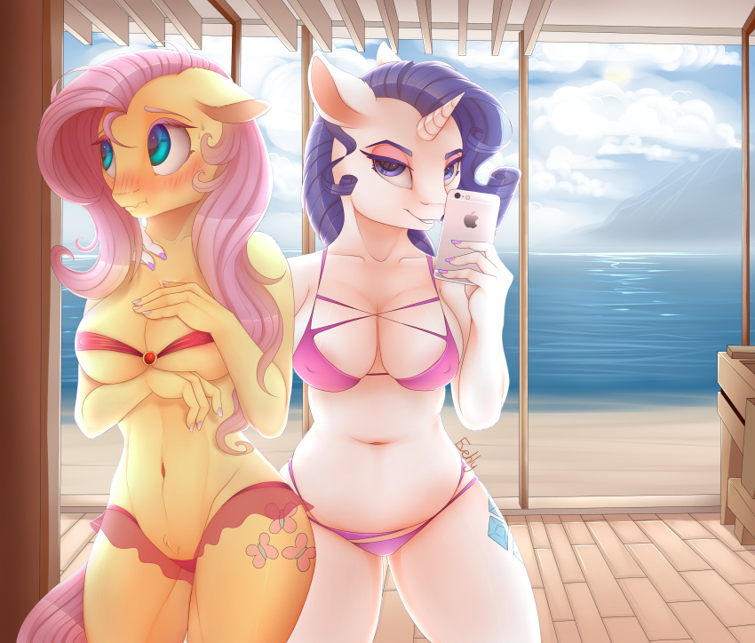 2016 2girls absurd_res anthro anthrofied apple_inc. apple_inc._logo big_breasts bikini blush breasts cellphone cleavage clothed clothing cloud cutie_mark duo equine evehly eyelashes floppy_ears fluttershy friendship_is_magic furry hair half-closed_eyes hand_on_breast high_res holding_object holding_phone horn horse iphone logo long_hair looking_at_viewer mammal my_little_pony navel nipple_bulge phone pink_hair pony rarity scrunchy_face selfpic sky swimsuit unicorn water