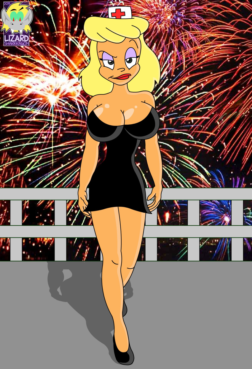 1girl animaniacs big_breasts breasts cleavage dress female_only fireworks hello_nurse little_black_dress lizardsharkragon solo_female