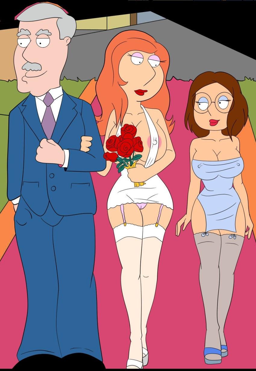 1boy 2girls big_breasts breasts brown_hair cameltoe carter_pewterschmidt cleavage crocsxtoons daughter dress erect_nipples family_guy father flowers glasses grey_hair lipstick lois_griffin meg_griffin milf mother_and_daughter nipples nipples_visible_through_clothing red_hair wedding wedding_dress