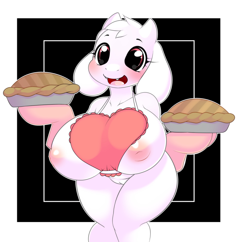 1girl 2016 anthro apron areola big_breasts blush boss_monster breasts caprine clothed clothing eyelashes fangs food fur furry goat highres holding_food holding_object horn huge_breasts inverted_nipples kloudmutt long_ears mammal naked_apron nipples open_mouth oven_mitts pie pussy tongue toriel undertale video_games white_fur