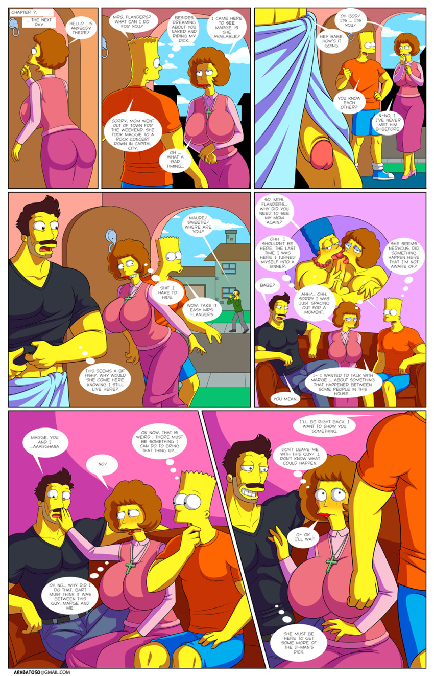 arabatos ass bart_simpson breasts darren's_adventure darren_(arabatos) earring fellatio marge_simpson maude_flanders navel ned_flanders nipple nipples oral penis sucking swallow text the_simpsons tongue veins yellow_skin