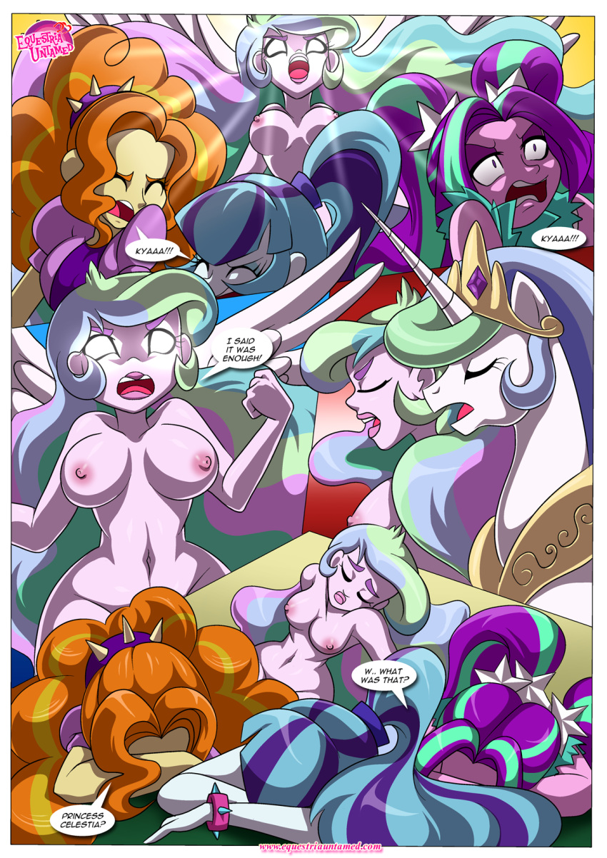 4girls adagio_dazzle adagio_dazzle_(eg) adult adult_and_young_adult aria_blaze aria_blaze_(eg) breasts comic english_text equestria_girls equestria_untamed friendship_is_magic horn my_little_pony older older_female princess_celestia principal_celestia rainbow_rocks sonata_dusk sonata_dusk_(eg) speech_bubble tagme the_dazzlings the_dazzlings_revenge wing young_adult young_adult_female young_adult_woman yuri