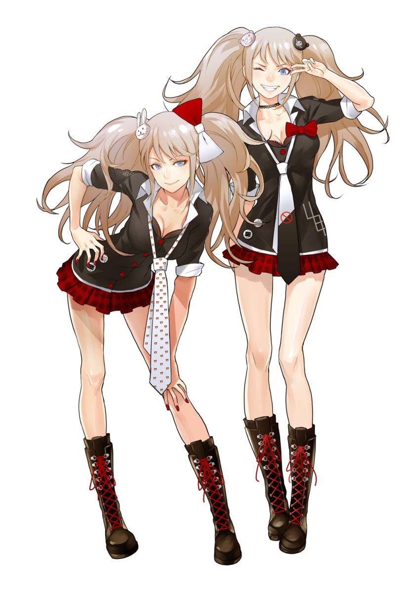 2girls black_boots blonde_hair boots breasts cleavage cross-laced_footwear danganronpa enoshima_junko freckles highres ikusaba_mukuro junko_enoshima knee_boots lace-up lace-up_boots long_hair long_legs looking_at_viewer md5_mismatch mukuro_ikusaba multiple_girls nail_polish necktie one_eye_closed redjuice siblings simple_background sisters smile spoilers twins twintails white_background