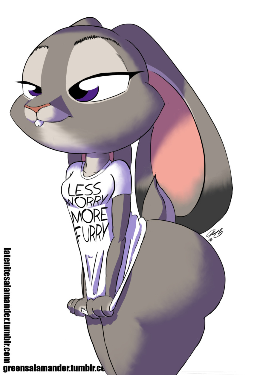 1girl 2016 anthro ass big_ass bottomless clothing disney english_text furry greensalamander huge_ass judy_hopps lagomorph mammal rabbit shirt standing text thick_thighs wide_hips zootopia