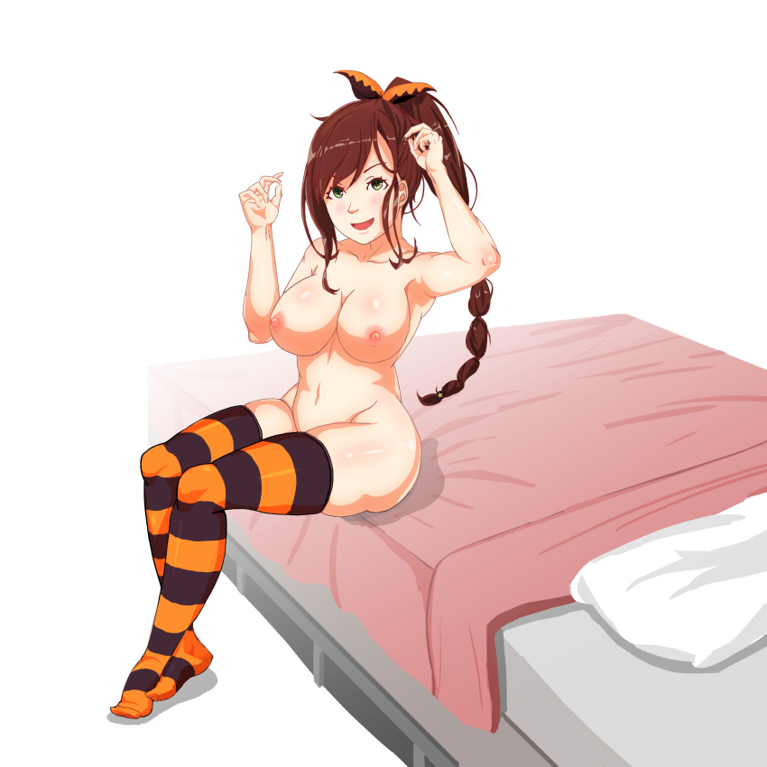 1:1_aspect_ratio 1girl 1girl 1girl areola armpits bed big_breasts bikini black_bikini black_swimsuit bow braid breasts brown_hair erect_nipples female_only green_eyes hair_bow hair_ornament high_resolution long_hair looking_at_viewer nipples on_bed orange-striped_legwear pillow re:zero_kara_hajimeru_isekai_seikatsu shaula_(re:zero) single_braid striped striped_legwear swimsuit symbol-shaped_pupils thick_thighs thighs tied_hair very_high_resolution