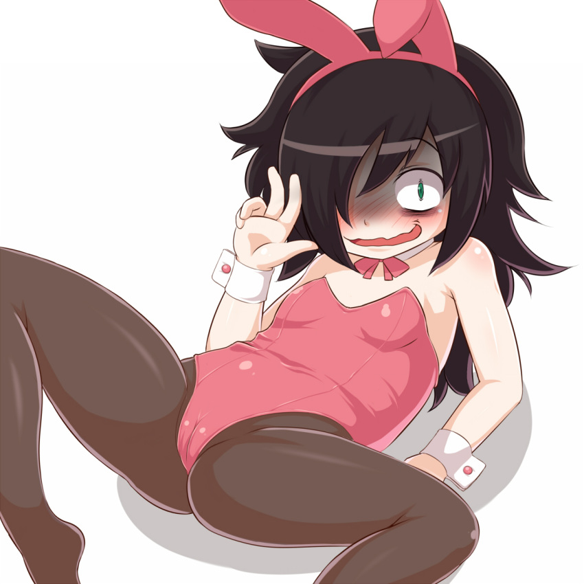 animal_ears bags_under_eyes black_hair blush bunny_ears bunny_girl bunnysuit cameltoe detached_collar green_eyes hair_over_one_eye kuroki_tomoko leotard monugaeru pantyhose ribbon smile solo spread_legs tights v watashi_ga_motenai_no_wa_dou_kangaetemo_omaera_ga_warui!