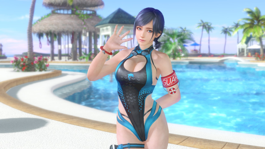 1girl alluring bare_legs big_breasts blue_eyes blue_hair dead_or_alive dead_or_alive_xtreme_venus_vacation fwcnm99999 highleg_bikini one-piece_bikini outside pin_up reika_(doa) swimming_pool tecmo