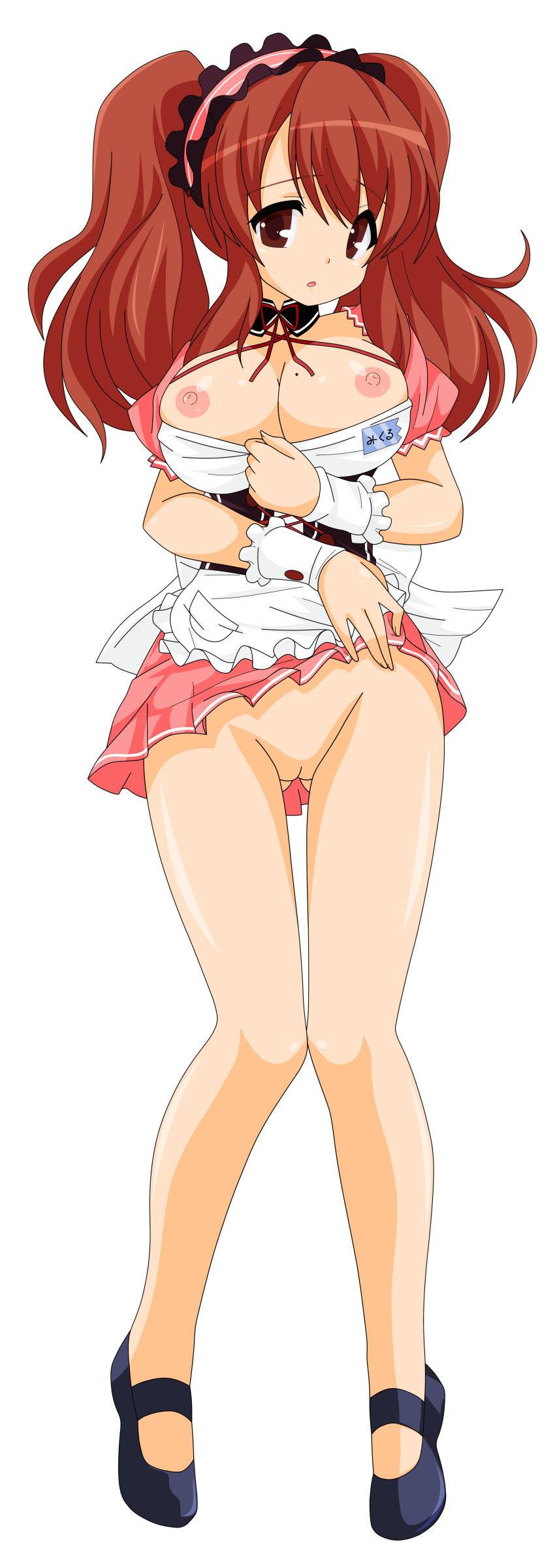 asahina_mikuru big_breasts breasts brown_hair cleavage hair highres legs long_hair maid miniskirt mole photoshop pussy short_dress short_skirt shy skirt suzumiya_haruhi_no_yuuutsu thighs twin_tails upskirt vector_trace waitress