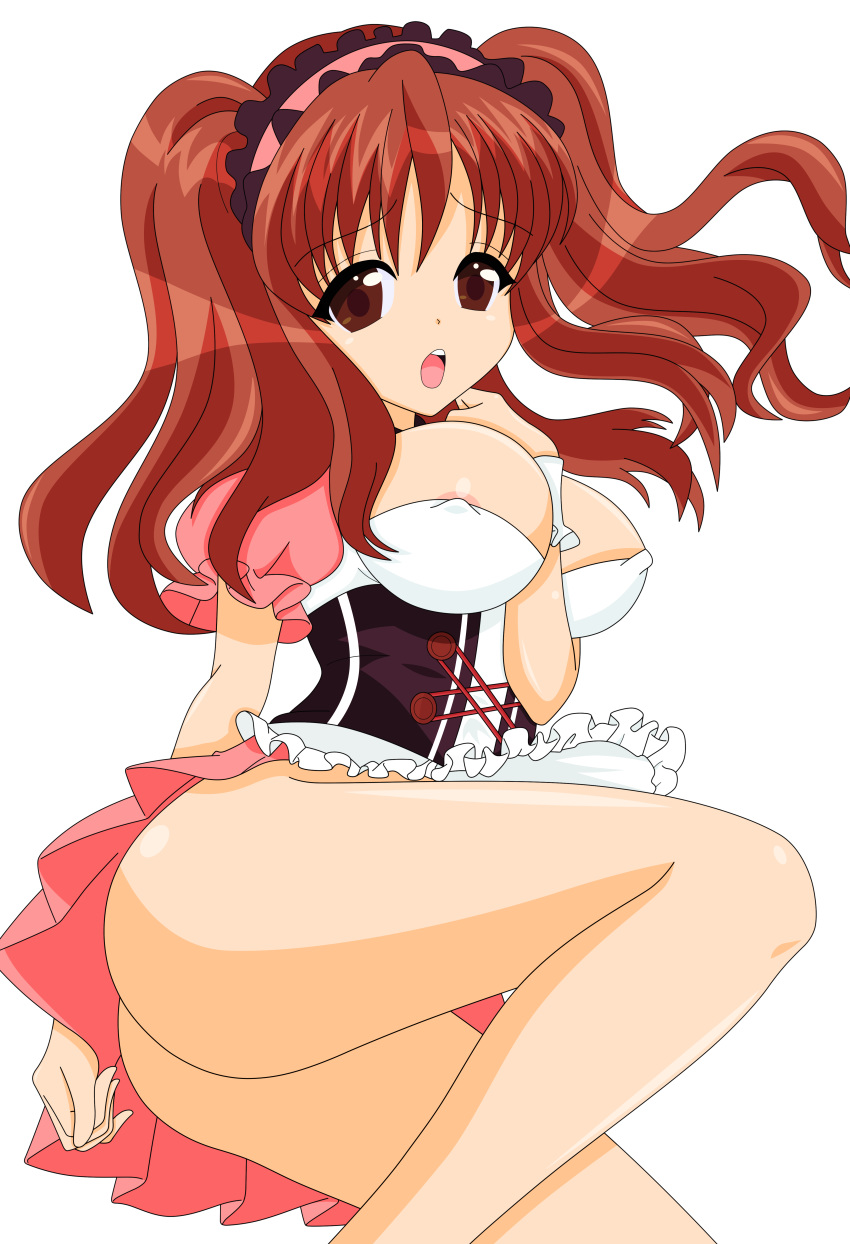 asahina_mikuru big_breasts breasts brown_hair cleavage high_res legs long_hair maid miniskirt mole photoshop pussy short_dress short_skirt shy skirt suzumiya_haruhi_no_yuuutsu tagme thighs twin_tails upskirt vector_trace waitress