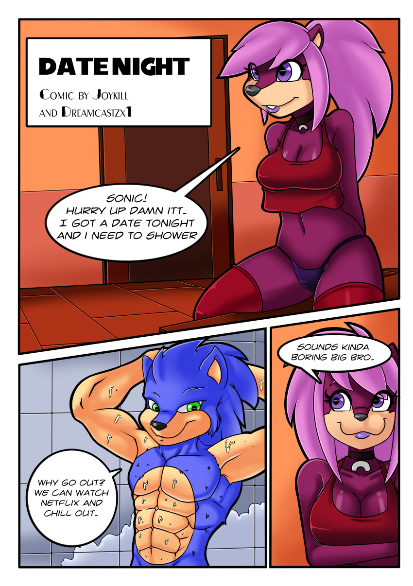 1girl abs absurd_res anthro armpits breasts comic dreamcastzx1 furry hedgehogs high_res joykill male sega shower sonia_the_hedgehog sonic_the_hedgehog sonic_underground text