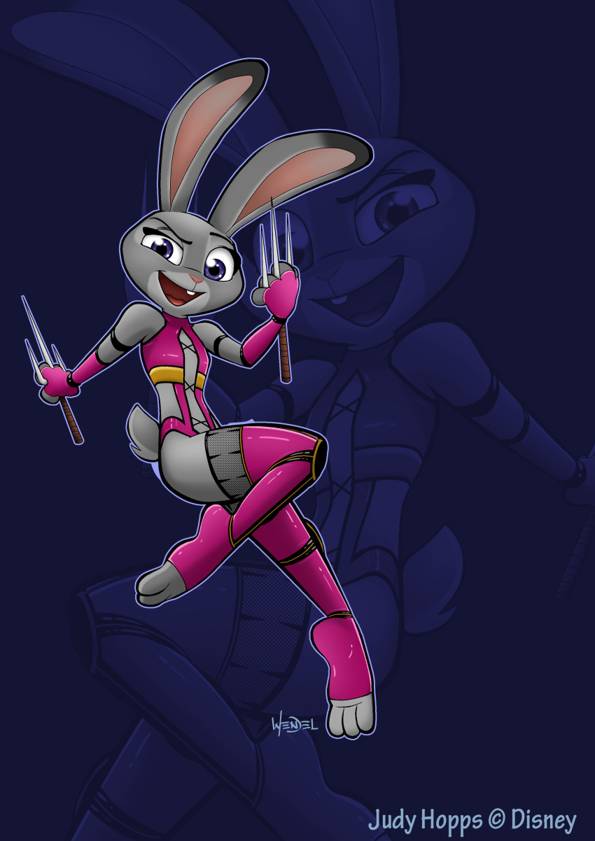 1girl 1girl 3_toes 4_fingers anthro black_fur buckteeth clothing cosplay dagger daggers disney drawing-4ever fur furry grey_fur judy_hopps lagomorph mammal melee_weapon mortal_kombat open_mouth paws purple_eyes rabbit smile teeth toes tongue video_games weapon white_fur zootopia