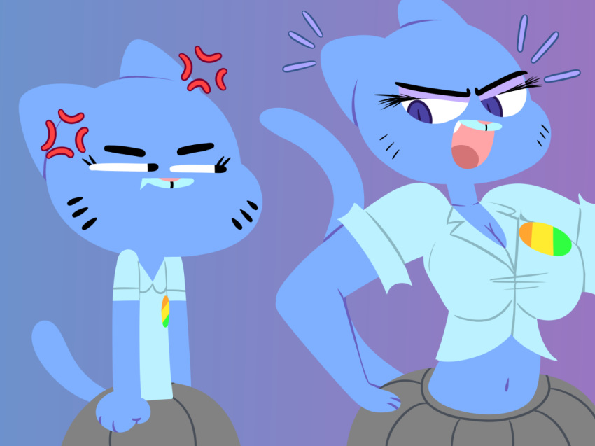 1girl angry anthro big_breasts blue_fur breasts cartoon_network cat cleavage clothed clothing feline flat_chested flutteringpie fur furry makeup mammal mother navel nicole_watterson the_amazing_world_of_gumball thigh_clothing wide_hips