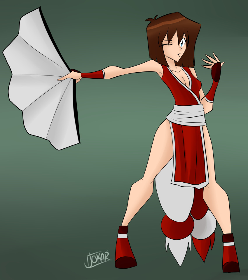 1girl cosplay fatal_fury hentai king_of_fighters mai_shiranui mai_shiranui_(cosplay) mazaki_anzu pranky pranky_(artist) simple_background snk solo tea_gardner the_king_of_fighters video_games yu-gi-oh!