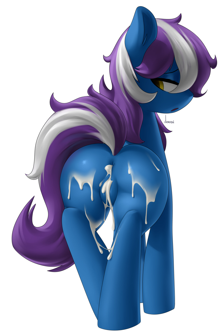 1girl 2014 absurd_res after_sex anus artist_name ass cum cum_in_ass cum_in_pussy cum_inside cum_on_ass derpah earth_pony equine feral hair high_res horse looking_back mammal messy my_little_pony original_character plain_background pony purple_hair pussy tail two_tone_hair white_background white_hair