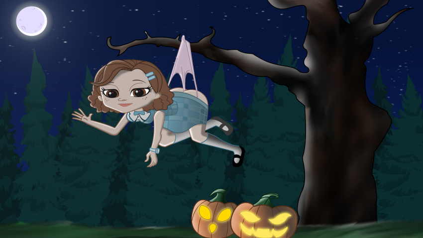 1girl ass brown_eyes brown_hair halloween jack-o'-lantern littlest_pet_shop madison panties pink_panties pumpkin skirt skirt_lift wedgie woods