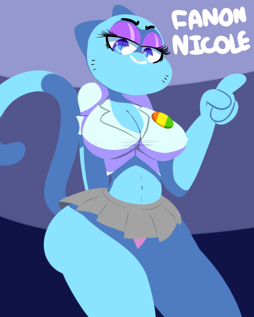 1girl 1girl anthro ass belly blue_eyes blue_fur breasts cartoon_network cat cleavage clothed clothing feline flutteringpie fur furry looking_at_viewer mammal mature_female midriff milf navel nicole_watterson panties parent pink_panties skirt the_amazing_world_of_gumball underwear wide_hips