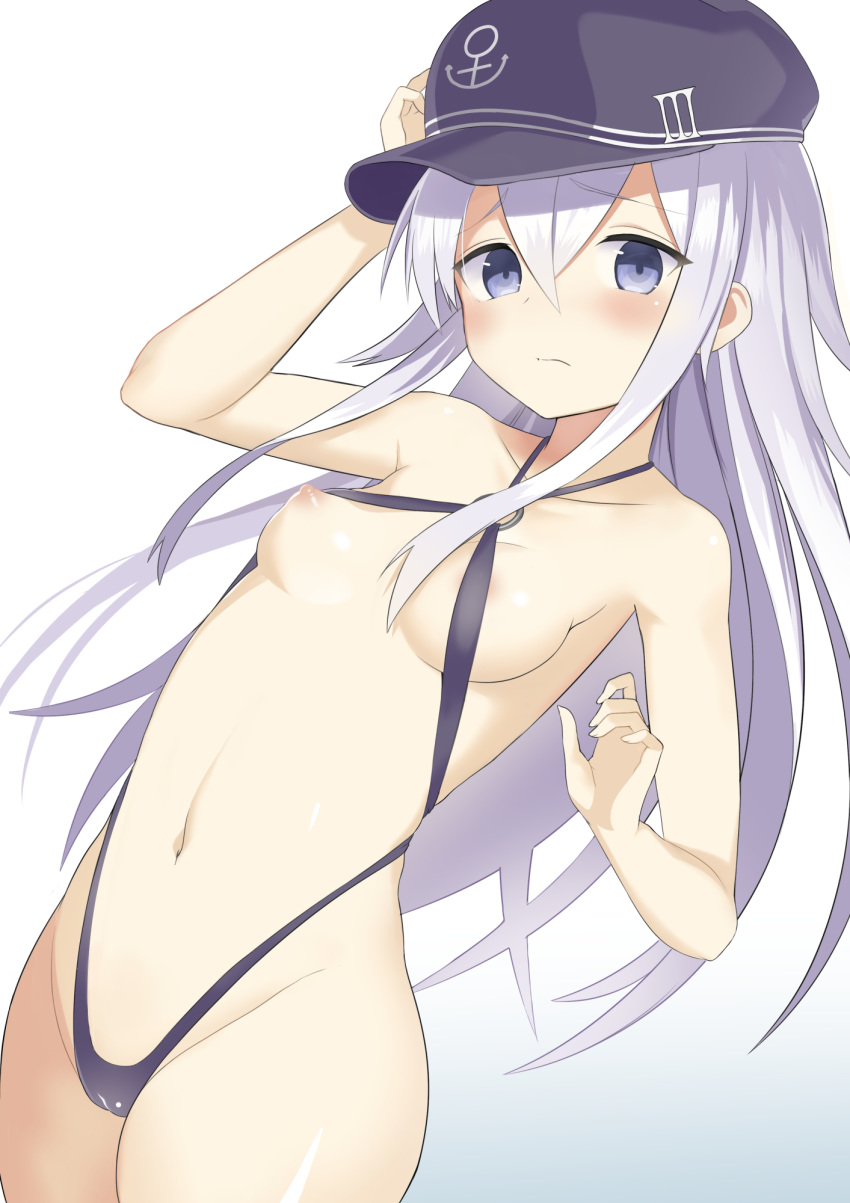 1girl alternative_costume areola areola_slip armpits bikini blue_eyes breasts clavicle cowboy_shot dutch_angle embarrassed flat_cap groin hair_between_eyes halterneck hat hibiki_(kantai_collection) high_resolution kantai_collection long_hair looking_at_viewer micro_bikini nipple_slip nipples revealing_clothes silver_hair simple_background sling_bikini small_breasts swimsuit wonder_yamada