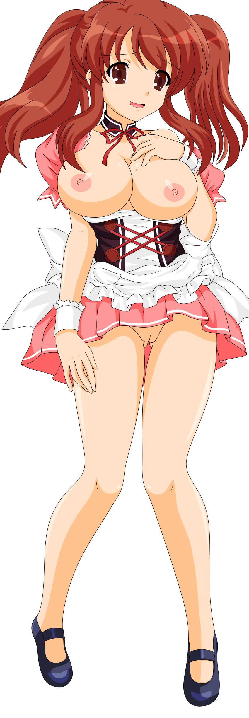 asahina_mikuru big_breasts breasts brown_hair cleavage high_res legs long_hair maid miniskirt mole photoshop pussy short_dress short_skirt shy skirt suzumiya_haruhi_no_yuuutsu tagme thighs twin_tails upskirt vector_trace waitress