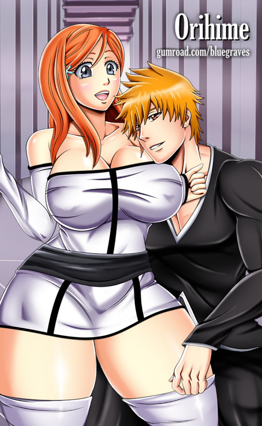 1boy 1girl arrancar bare_shoulders big_breasts bleach bluegraves blush breasts couple curvy dress gigantic_breasts grey_eyes hand_on_thigh hands_behind_head huge_breasts inoue_orihime kurosaki_ichigo long_hair long_sleeves looking_at_viewer orange_hair red_hair revealing_clothes sexy short_skirt skirt smile stockings tease thick_thighs thighs wide_hips wink