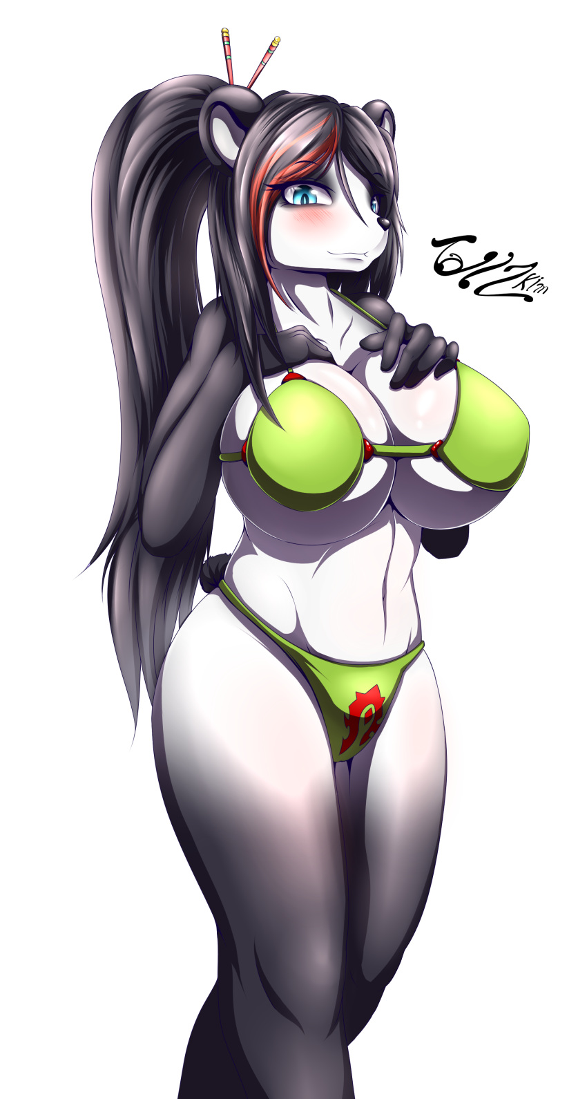 1girl 1girl 2015 anthro bear big_breasts bikini black_fur black_hair blue_eyes blush bra breasts cleavage clothed clothing english_text fur furry grey_fur hair hand_on_breast high_res huge_breasts long_hair looking_at_viewer mammal multicolored_hair navel panda pandaren pose red_hair simple_background skimpy slit_pupils swimsuit tailzkim text two_tone_hair underwear video_games warcraft white_background white_fur wide_hips