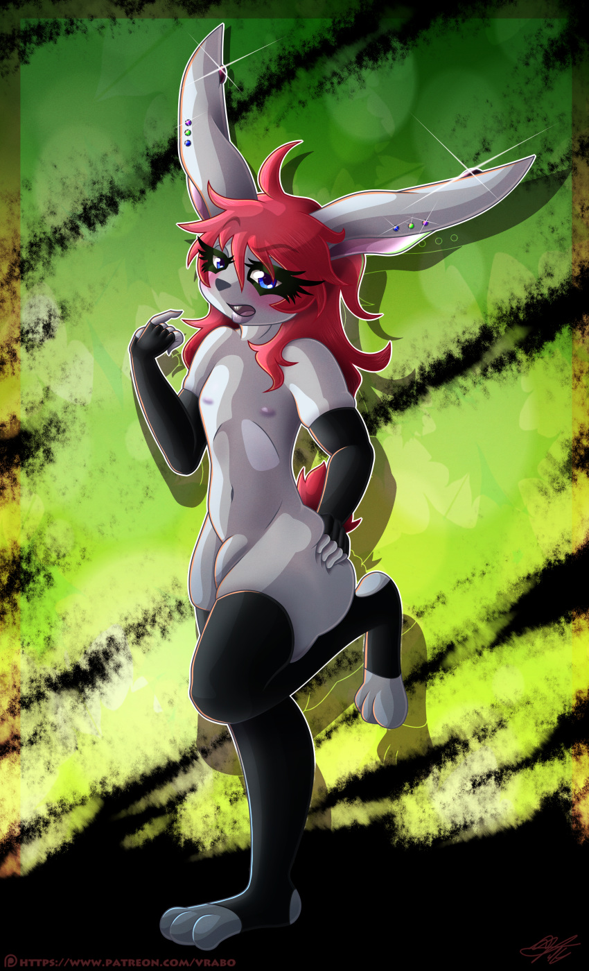 absurd_res anthro big_ears blue_eyes blush clothing fur furry girly gloves grey_fur hair high_res lagomorph legwear long_hair looking_at_viewer male mammal nude penis piercing rabbit red_hair simple_background standing stockings teeth vrabo